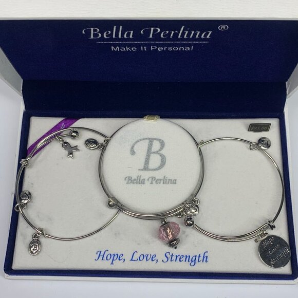 Bella Perlina Hope, Love, Strength Breast Cancer Silver Charm Bangle Trio Set - Picture 2 of 11
